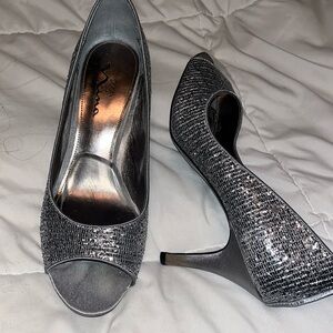 Silver sequin peep toe high heels